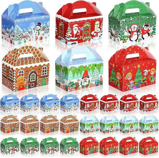 24 Pcs Christmas Treat Boxes Candy Goodie Cookie Gingerbread House Snowman Snowflake Christmas Party Favor Box Containers for Winter Holiday Party Favor Supplies