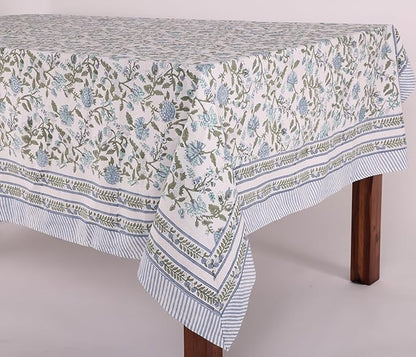 ATOSII Mahoka Blue 100% Cotton Rectangle Summer Tablecloth, Handblock Floral Linen Table Cloth for Kitchen Dining Table I Parties Weddings Outdoors Home Decor 72 X 120 Inches I 10 Seater