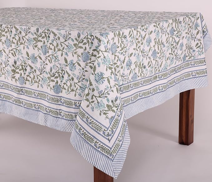 ATOSII Mahoka Blue 100% Cotton Square Fall Tablecloth, Handblock Floral Linen Table Cloth for Kitchen Dining Table I Parties Weddings Outdoors Easter Valentine's Gift I 60 X 60 Inches I 4 Seater