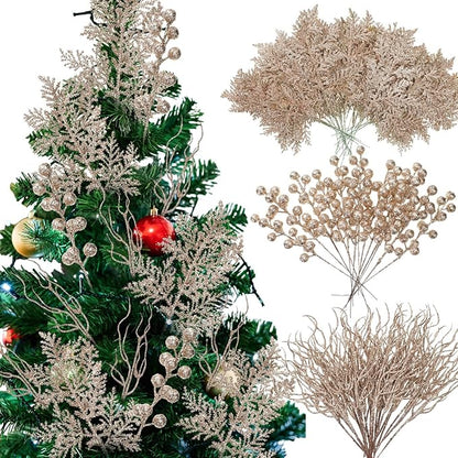 75 Pcs Christmas Glitter Branches 3 Styles Artificial Christmas Picks Berries Stems Pine Needles Floral Twig Spray for Xmas Tree Ornaments DIY Wreath Garland(Champagne Gold)