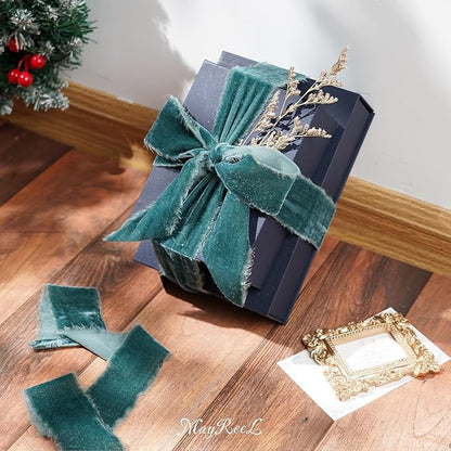 MAYREEL 2 Inch Steel Blue Velvet Ribbon Hand Torn Sky Blue Silk Frayed Edge for Bridal Bouquets Invitations Wedding Vow Books Gift Baskets Hair Bows 3 Yards