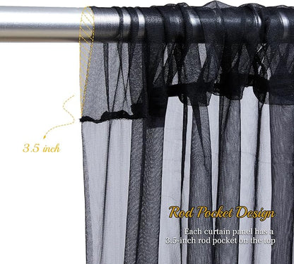 20x8ft Black Tulle Backdrop Curtain with Lights String for Parites, Sheer Backdrop Curtains for Wedding Baby Shower Birthday Party Photo Shoot Decorations