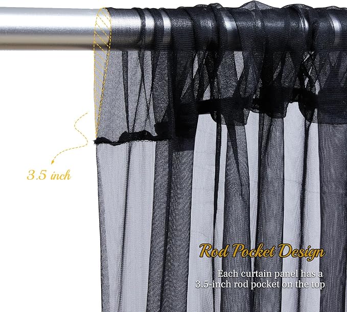 30x10ft Black Tulle Backdrop Curtain with Lights String for Parites, Sheer Backdrop Curtains for Wedding Baby Shower Birthday Party Photo Shoot Decorations