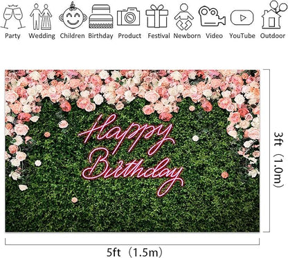 Riyidecor Happy Birthday Backdrop Backdrop Polyester Fabric Pink Rose Neon Flower Wall Green Leaves 5Wx3H Feet for Women Floral Blossom Photography Background Birthday Baby Shower Photo Studio Shoot