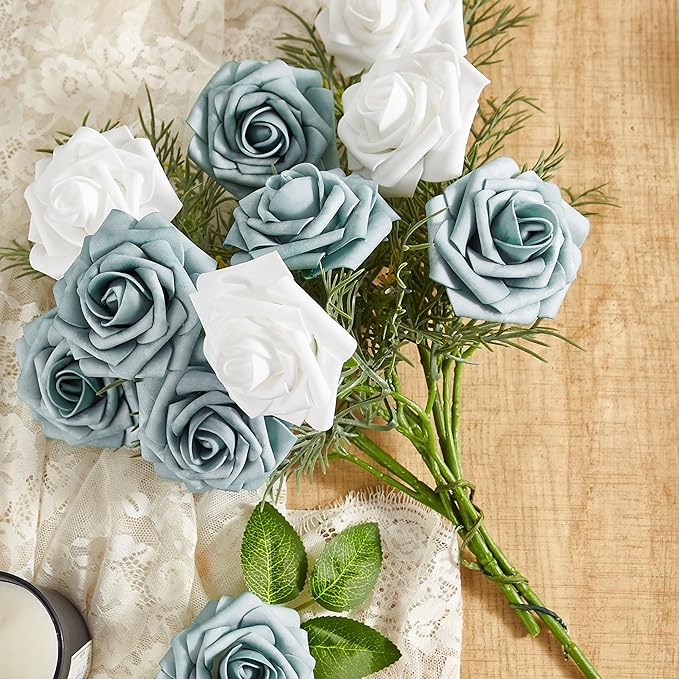 Artificial Flowers, 50pcs Dusty Blue and White Artificial Rose for DIY Wedding Bouquets Centerpieces Arrangements, Fake Flower with Stems for Party Home Decorations