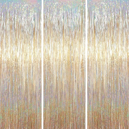 3 Pack 3.3 x 6.6 ft Champagne Foil Fringe Backdrop, Tinsel Streamers Party Decorations, Fringe Backdrop for Birthday, Photo Booth Props for Bachelorette, New Years Eve Party Supplies