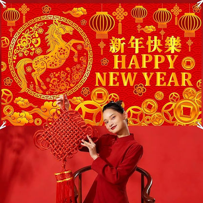 Chinese New Year Party Backdrop Happy 2026 Chinese New Year Party Background Decorations Lunar Year of The Horse Theme Photography Backdrop for 2026 Spring Festival Party Supplies