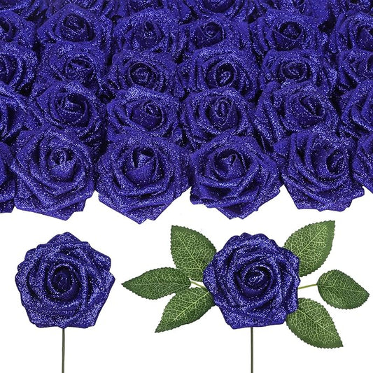 Roses Artificial Flowers 30PCS Fake Blue Roses 3.15" Glitter Roses Bouquet for DIY Wreath Wedding Christmas Home Party Decor(Royal Blue)