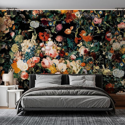 Zeeko Dark Floral Wallpaper Peel and Stick 177" W x 110" H Waterproof Canvas Fabric Vintage Moody Large Wall Mural Self Adhesive Removable Wall Paper for Bedroom Living Room Art Deco