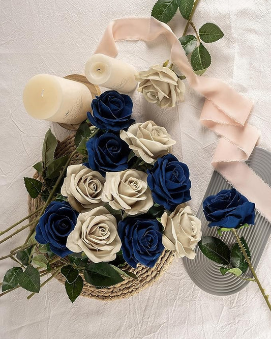 DuHouse 10pcs Silk Roses Artificial Flowers Fake Rose for Arrangement Wedding Party Home Decoration (Navy Blue)