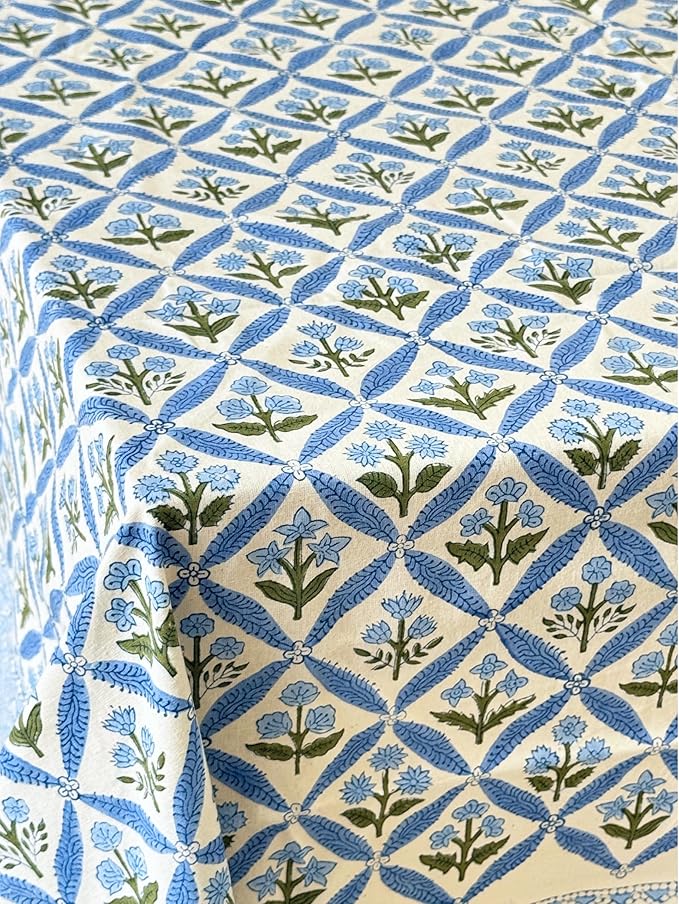 ATOSII Netta Blue 100% Cotton Rectangle Summer Tablecloth, Handblock Floral Print Linen Table Cloth for Kitchen Dining I Parties, Weddings, Outdoors, Decor 60 X 108 Inches, 8 Seater
