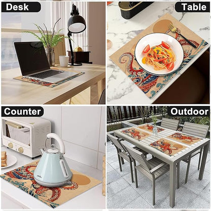 Retro Octopus Placemats Set of 6 Washable Table Vintage Japanese Wave Heat-Resistant Cotton Linen Place Mats for Dining Table Kitchen Indoor Outdoor Party Holiday Decor