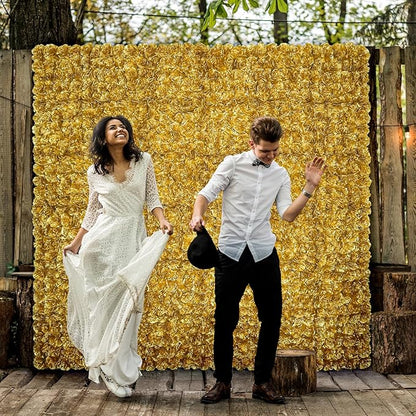 Flower Wall Backdrop12 pcs 16.5x16.5 Inch Floral Wall Panel Artificial Silk Rose Wall Decor Ideal for Wedding Celebrations, Festive Party Backdrops, and Home Decor-Gold