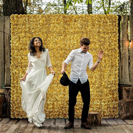 Flower Wall Backdrop12 pcs 16.5x16.5 Inch Floral Wall Panel Artificial Silk Rose Wall Decor Ideal for Wedding Celebrations, Festive Party Backdrops, and Home Decor-Gold
