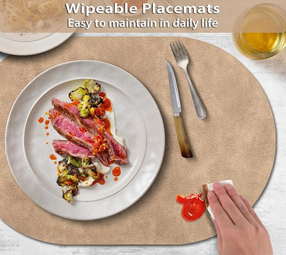 ADRIMER Placemats, Heat Resistant Oval Placemats Set of 6 Washable 12 x 17 Inch, Waterproof Table Placemats Set of 6, Wipeable Faux Leather Placemats for Kitchen, Dining Room, Apricot