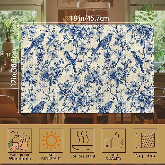 Vintage Flower Bird Placemats Set of 6, 12x18 Inch Waterproof Stain Resistant Linen Table Placemats Summer Seasonal Farmhouse Kitchen Party Decor Home Decor