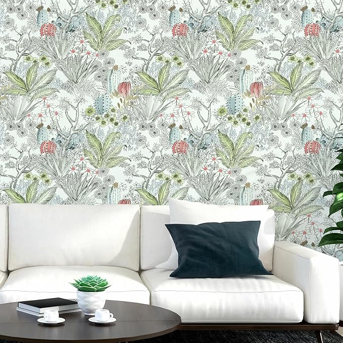 Wudnaye Boho Peel and Stick Wallpaper Catus Wallpaper 17.7" x 196.8"Vintage Floral Wallpapers Peel and Stick Botanical Removable Wall Paper Boho Self Adhesive Contact Paper for Bathroom Cabinets