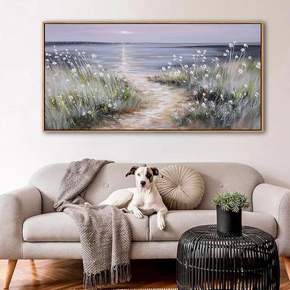 KLAKLA Bedroom Decor Wall Art Blue Beach Picture Ocean Theme Flower Canvas Print Modern Coastal Seascape Painting Framed Seaside Artwork Floral Daisy for Home Sea Lake Living Room 24X48 Inch