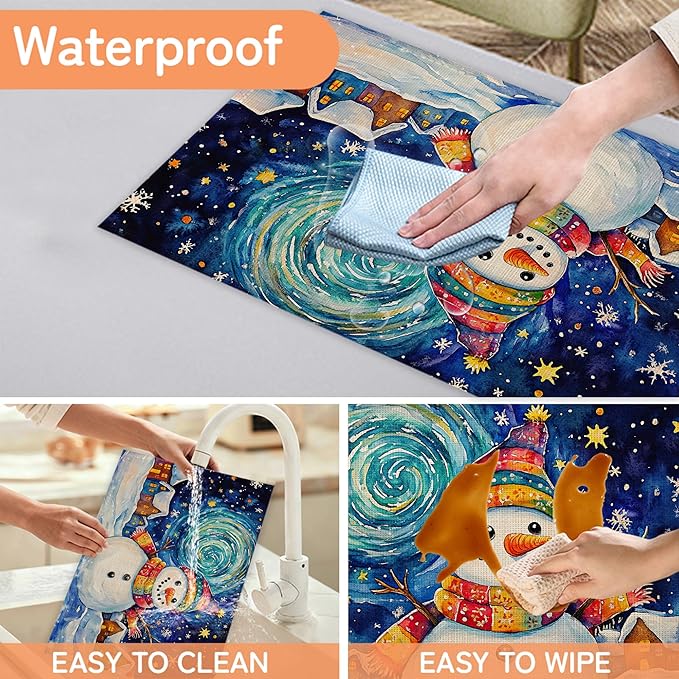 Christmas Snowman Table Mats Set of 6,Starry Night Moon Non-Slip Washable Placemats for Restaurant Home Kitchen Dinner Table 12x18Inch