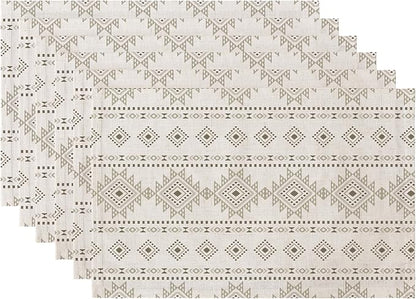 LilyCat Linen Fabric Geometric Stripes Placemats, Durable Boho Dining Table Mats for Kitchen, Rustic Vintage Washable Place Mats Set of 6, 18’’× 12’’