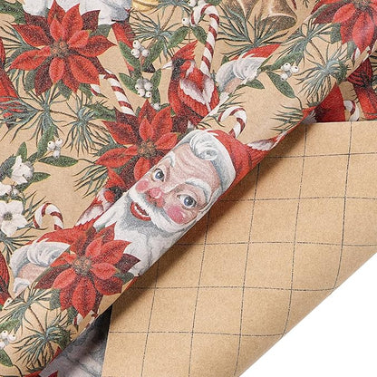 RUSPEPA Kraft Christmas Wrapping Paper Set, Jumbo Roll, Vintage Santa, Bird, Poinsettia,and Gold Snowflake Plaid Design, Kraft Gift Wrap for Christmas, Holiday, 4 Rolls, 30 Inches x 10 Feet per Roll