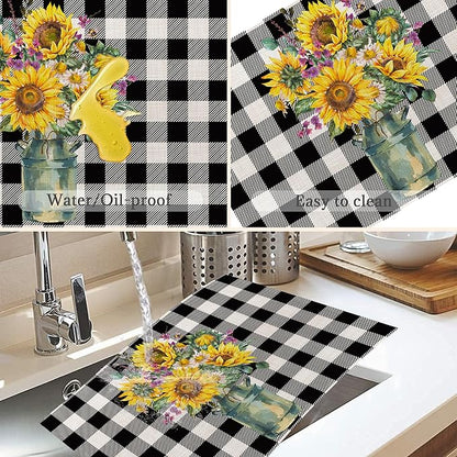 Summer Sunflower Placemats Set of 6,Washable Heat Resistant 12×18 Inch Linen Table Mats Plaid Place Mats for Party Outdoor Dining Decor