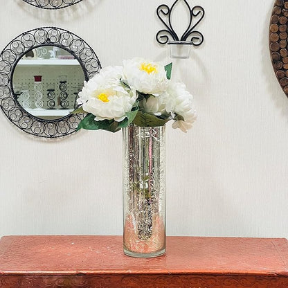 Hosley 12 Inch High Metallic Silver Speckled Finish Glass Floral Vase. Ideal Gift for Floral Arrangements Weddings Bridal Spa Meditation Reiki Rose Vase Nautical Settings Led Lantern Votive Garden P1