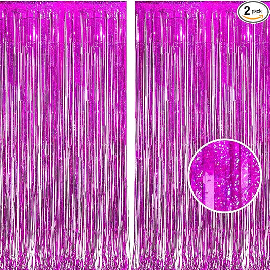 BRAVESHINE Hot Pink Tinsel Foil Fringe Curtains - 2Pcs 3.2x8.2ft Metallic Party Streamers Backdrop for Christmas Girl Birthdays Bridal Shower Bachelorette Engagement Hawaiian Luau Party Decorations