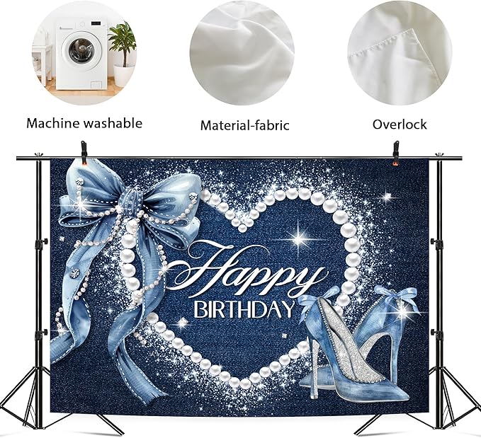 Denim and Diamonds Bow Backdrop 5Wx3H Photography Silver High Heels Happy Birthday Banner Pearl for Women Girls Background Blue Coquette Party Decorations Banner Photo Booth Props Supplies