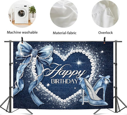 Denim and Diamonds Bow Backdrop 5Wx3H Photography Silver High Heels Happy Birthday Banner Pearl for Women Girls Background Blue Coquette Party Decorations Banner Photo Booth Props Supplies