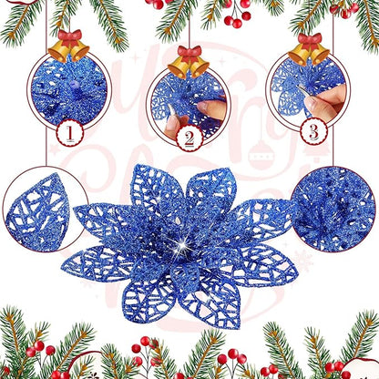 Boao Royal Blue 24 Pieces Poinsettia Flower Christmas Glitter Artificial Poinsettia with Clips Christmas Tree Ornament Decorations for DIY Xmas Wreath Holiday Home Party Decor, 3/4/6 Inches