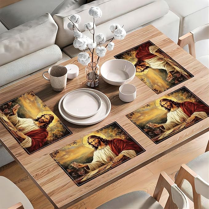 Christian Jesus Placemats Set of 6 Christian Gift Religious Jesus Christ Faith Place Mat Machine Washable Place Mats for Dinner Table Mats 6 PCS
