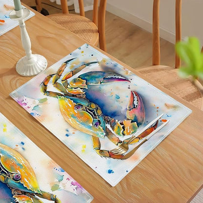 Sea Beach Theme PlaceMats Set of 4 Ocean Crab Pictures Print Washable Placemats Marine Life Animal Table Mats Teal Blue Scratch Proof Table Mats for Kitchen Decor Dinner 4 PCS