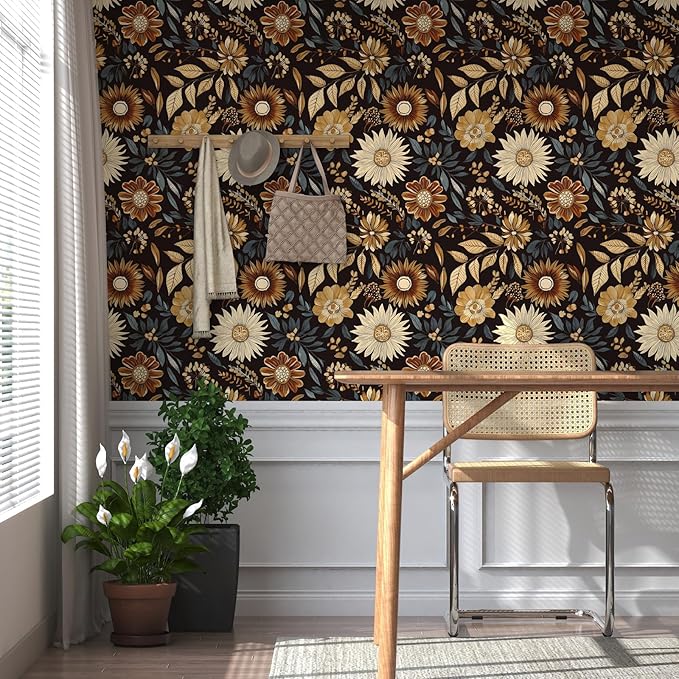 Boho Floral Wallpaper Peel and Stick, Vintage Dark Sunflower Contact Paper for Bathroom Cubicle Drawer, Retro Abstract Removable Antique Flower Wall Paper Art Decor Black Orange 17.5" x 118"