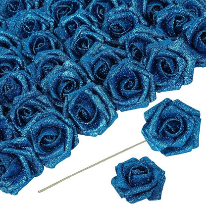 Blue Roses Artificial Flowers 30 PCS 2.17 in Glitter Roses Foam Flowers Glitter Flowers with Stem for DIY Wedding Bridal Bouquet Party Centerpieces Decor(Blue)