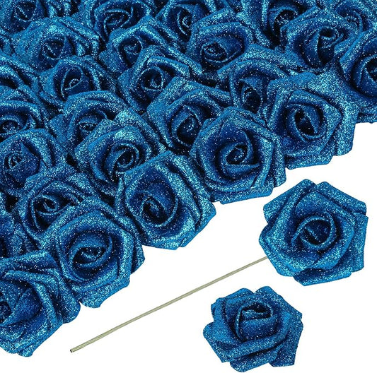 Blue Roses Artificial Flowers 30 PCS 2.17 in Glitter Roses Foam Flowers Glitter Flowers with Stem for DIY Wedding Bridal Bouquet Party Centerpieces Decor(Blue)