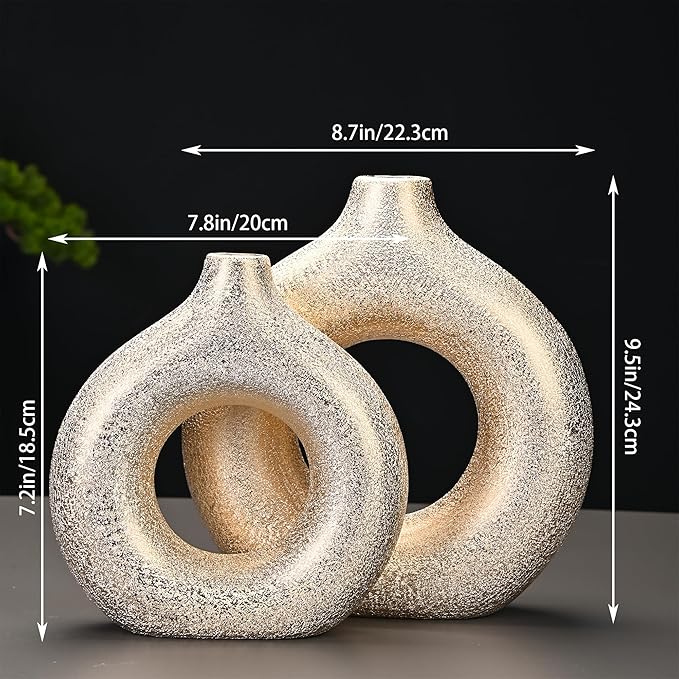 Modern Donut-Shaped Decorative Vases, Handmade Minimalist Boho ins Style, Modern Vase for Home Decor for Wedding Dinner Table Party Living Room Office Bedroom (Gold, Extra Large + Large)