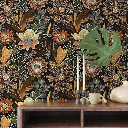 Boho Wallpaper Peel and Stick Dark Floral Wallpaper for Cabinet Vintage Contact Paper Waterproof Self Adhesive Removable Modern Wall Paper for Bedroom Stair Bathroom 17.5in x118in