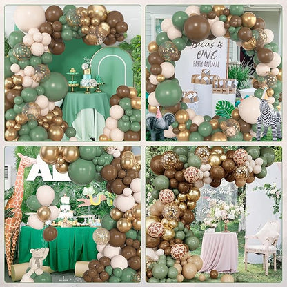 Amandir 153pcs Sage Green Brown Balloon Garland Arch Kit, Different Sizes 18 12 10 5 inch Olive Green Gold Latex Metallic Confetti Balloons for Safari Jungle Woodland Birthday Baby Shower Decorations