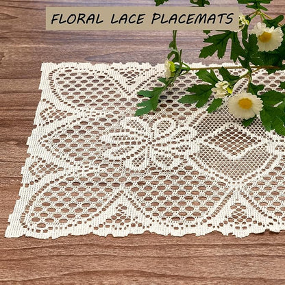 Jayla 2 Pcs Rectangle Lace Placemats for Tables Embroidered Lace Tablemats Vintage Crochet Floral Table Runner Vintage Wedding, Tea Party Decor,12x17 Inch