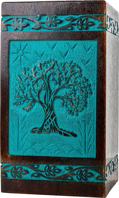 INTAJ Wooden Cremation Urns for Human Ashes - 115 lbs, Handcarved Tree of Life Design, Suitable for Men, Women, Mom, Dad - TSA Approved, Decorative Memorial Urn Box, Green