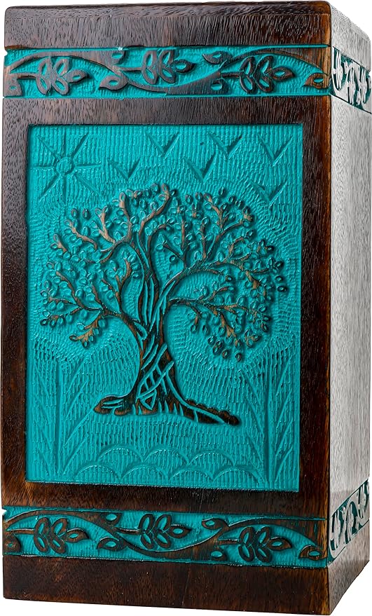 INTAJ Cremation Urn for Human Ashes - Wooden Urn Box for Ashes Handcrafted - Tree of Life Memorial Urn Funeral Cremation Urns (Teal Green, XX-Large (640lbs or 290kg))