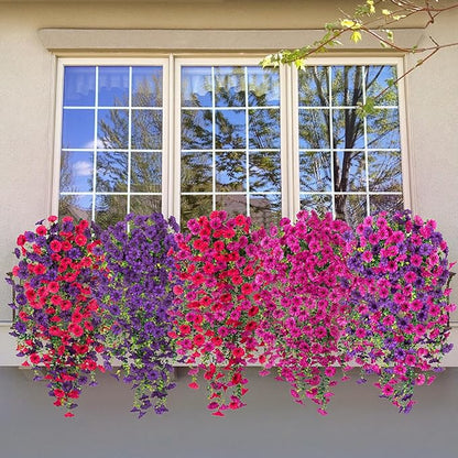 Artificial Hanging Flowers for Outdoor, 2pcs Fake Plants Long Vine Morning Glory Eucalyptus, UV Resistant Realistic Faux Greenery Indoor Outside Patio Porch Garden Spring Summer Decor, Purple