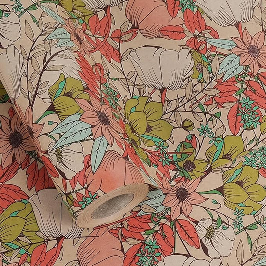 Aimyoo Kraft Floral Wrapping Paper Roll - Jumbo Roll - 30 Inch x 33 Feet - All Occasion Vintage Flower Gift Wrap Paper for Mother's Day Wedding Birthday Bridal Shower