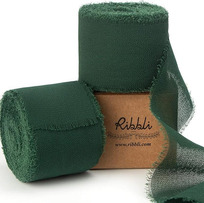 Ribbli Forest Green Chiffon Ribbon 1-1/2 inch x 20 Yard Handmade Fringe Chiffon Silk Ribbon,Black Ribbon for Wedding Invitations, Bridal Bouquets Wrapping, Flower Arrangement Decoration
