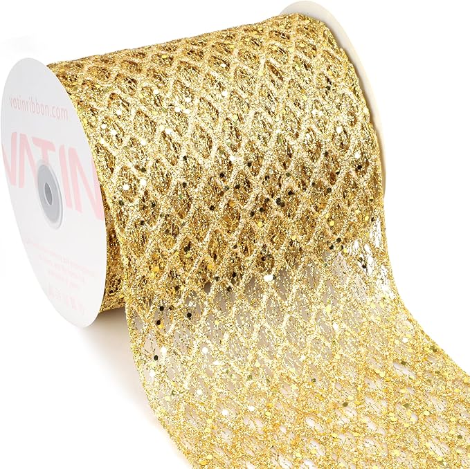 VATIN 6" Gold Christmas Ribbon, Gold Glitter Mesh Diamond Web Sequin Dots Wired Christmas Ribbon for Gift Wrapping Bow Making Wreath Supply-10 Yards