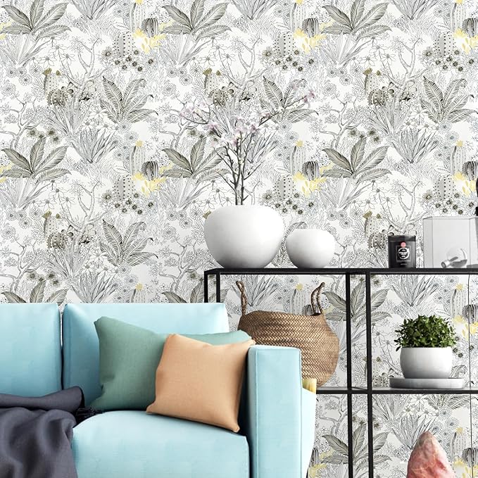 Wudnaye Floral Peel and Stick Wallpaper Vintage Contact Paper 17.7 inch×118.1 inch Gray Flower Wallpapers Self Adhesive Removable White and Black Contact Paper Waterproof for Bathroom Vinyl