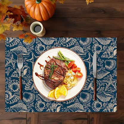 Ocean Coral Teal Placemats Set of 6,Washable Heat Resistant 12×18 Inch Linen Table Mats Coastal Place Mats for Party Outdoor Dining Décor