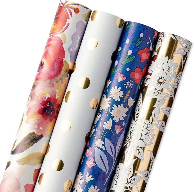 American Greetings 120 sq. ft. Reversible Flower Wrapping Paper Set for Birthdays, Weddings, Bridal Showers, Floral, Stripes and Polka Dots (4 Rolls, 30 in. x 12 ft. each)