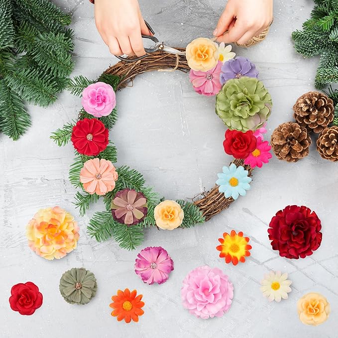 210 Pcs Mini Silk Flower Heads Small Fake Rose Daisy Faux Flowers Bulk for Crafts Artificial 3D Loose Fabric Flowers Heads Sunflower Bulk for Wedding Hair Cap Dresses Decorations (Bright Colors Mixed)